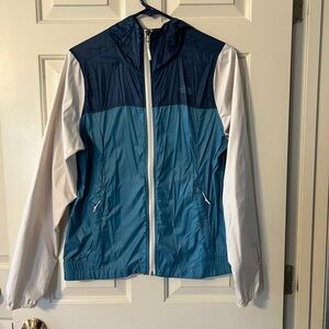 Women's North Face packable Blue and White hooded Jacket